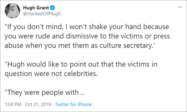 Hugh Grant Explains Why He Refused to Shake Sajid Javid's Hand After Being Branded Rude