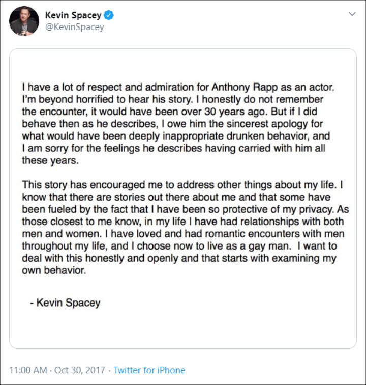 Kevin Spacey apologized to Anthony Rapp