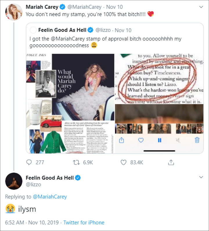 Lizzo and Mariah Carey's interaction on Twitter