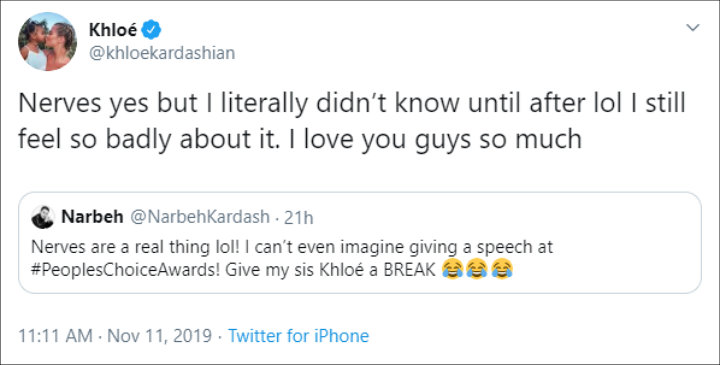 Khloe Kardashian Apologizes for Not Realizing She Won a People's Choice Award