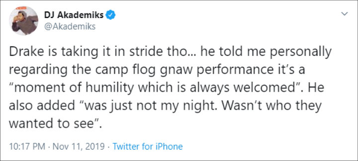 DJ Akademiks Praises Drake's Attitude After Fans Booed Him Off Stage