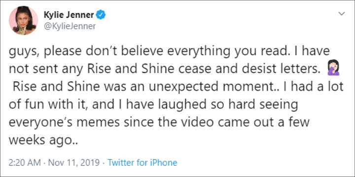 Kylie Jenner Denies Sneding Cease and Desist Letters Over the Term 'Rise and Shine'