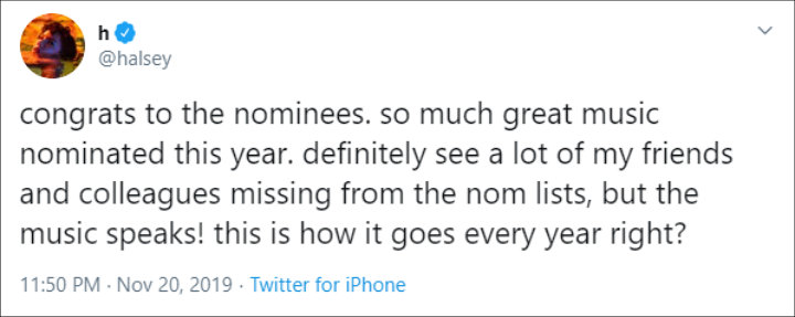 Halsey's Twitter update after Grammy snub