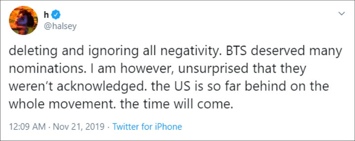 Halsey on negativity after Grammy snub