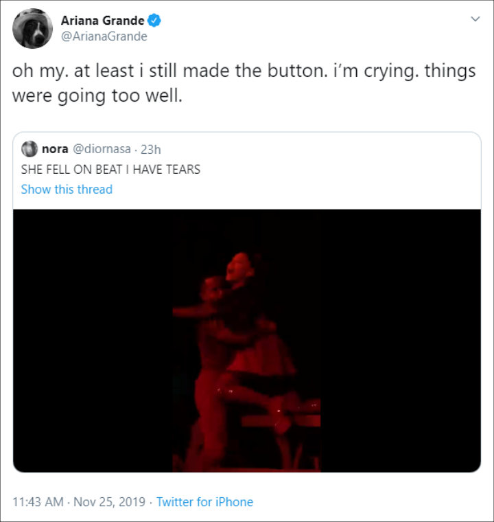 Ariana Grande responds to her stumbling onstage