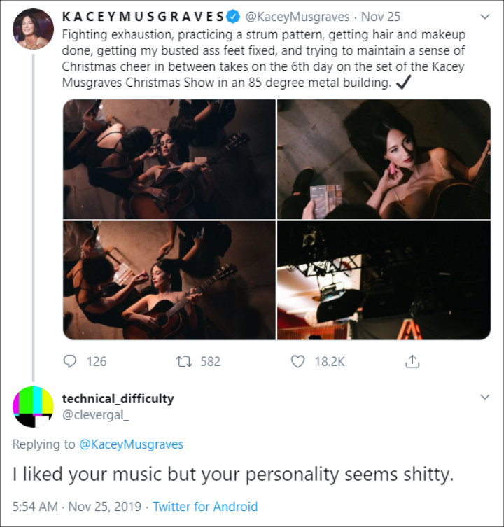 Critic Kacey received on Twitter.