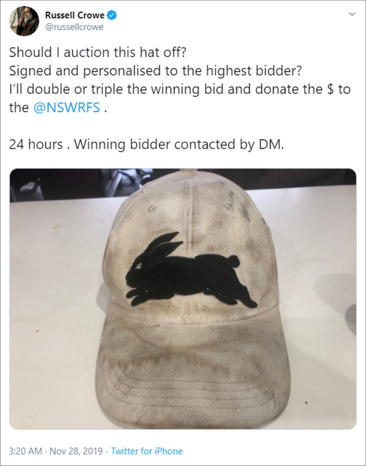 Russell Crowe Auctions Off His Hat to Help Battling Bush Fires