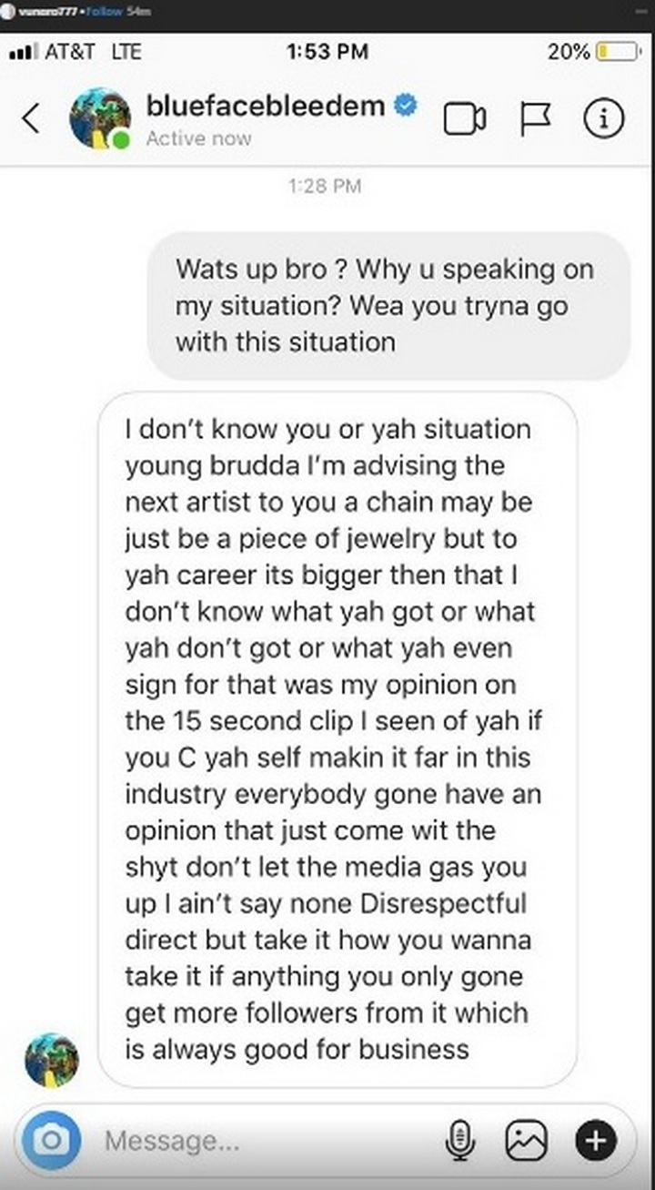 Yung Ro sends Blueface a direct message