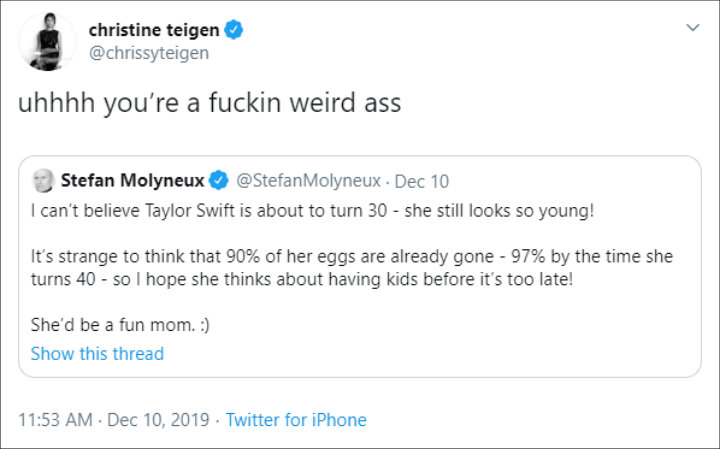 Chrissy Teigen Calls Out 'Weird' Troll Commenting on Taylor Swift's Fertility