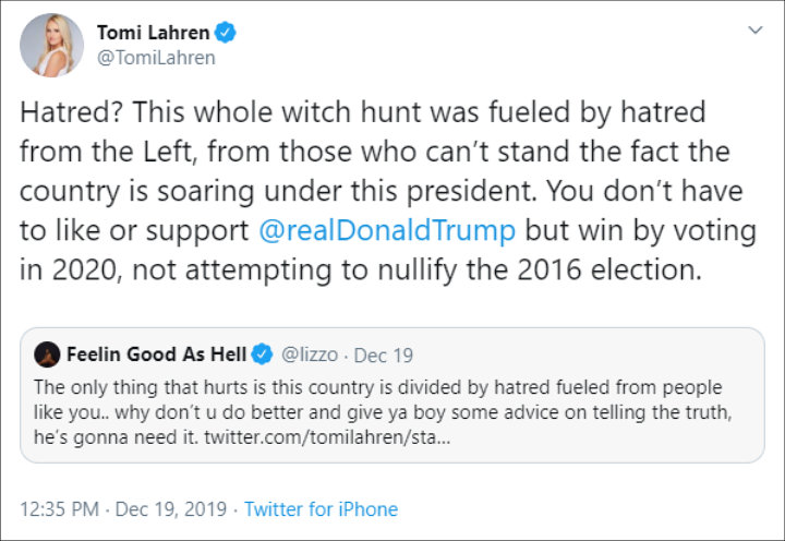 Lizzo and Tomi Lahren Get Into Twitter Spat Over Donald Trump's Impeachment