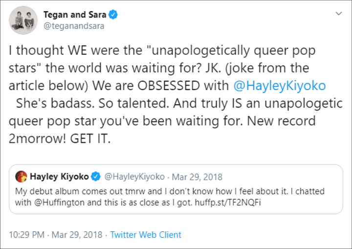 Tegan and Sara Tweet Out Support for Hayley Kiyoko's Album
