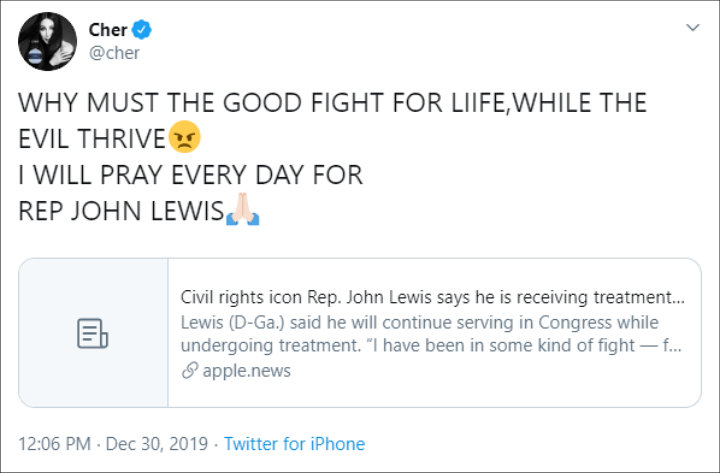 Cher mourned John Lewis' death