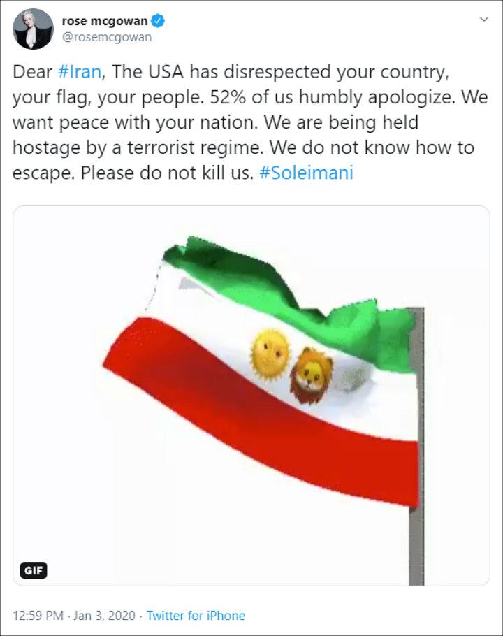 Rose McGowan's Controversial Tweet About Trump-Ordered Attack on Soleimani Sparks Backlash