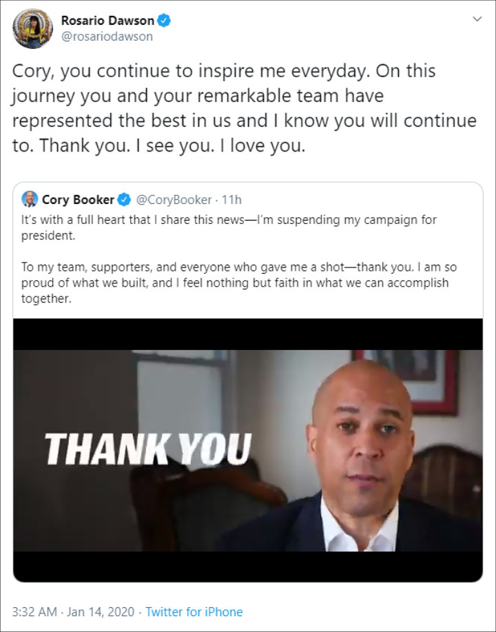Rosario Dawson Reacts to Cory Booker's Suspended Presidential Campaign