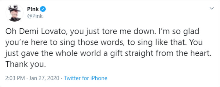 Pink reacts to Demi Lovato's Grammys performance