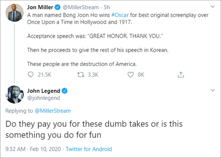 John Legend Hits Back at TV Host Jon Miller Over Racist Comments pm 'Parasite' Oscar Wins