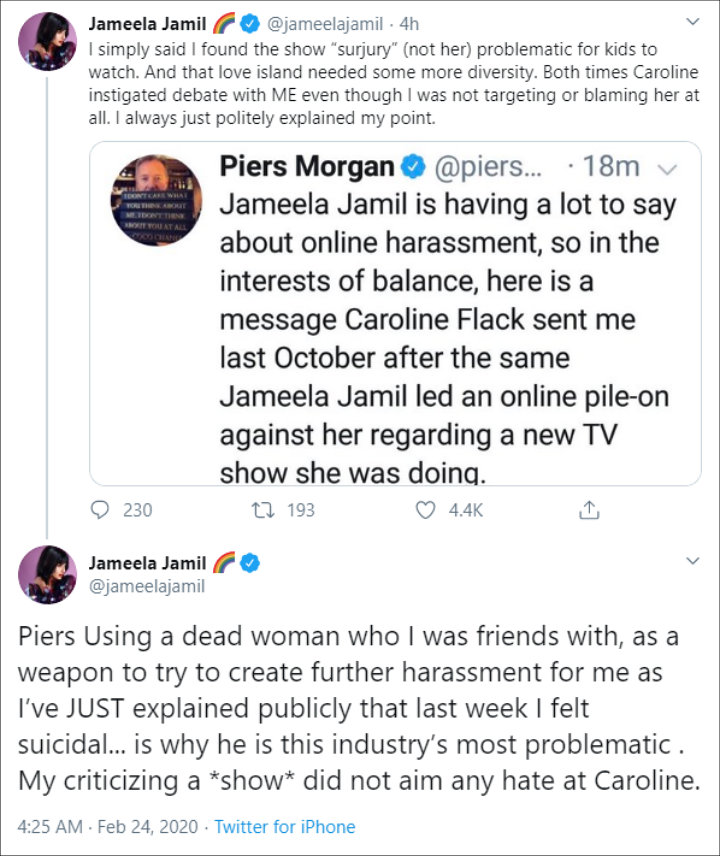 Jameela Jamil Blasts Piers Morgan for Using Late Caroline Flack to Harass Her