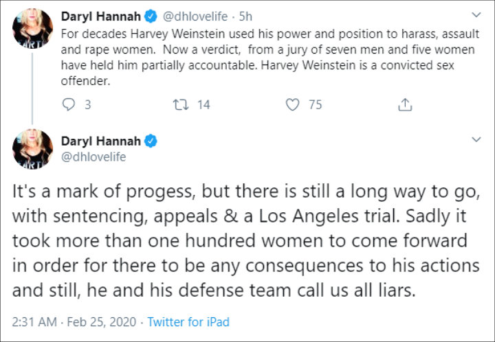 Daryl Hannah Reacts to Harvey Weinstein's Sex Assault Conviction