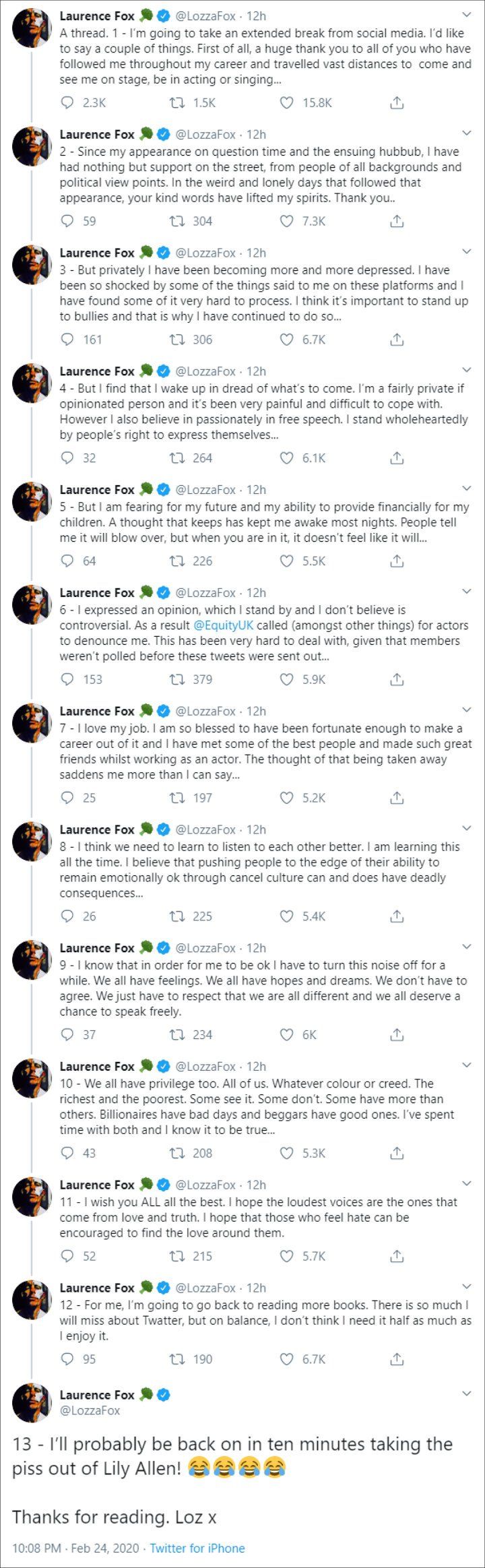 Laurence Fox Announces Social Media Break After Controversial Comment About Racism