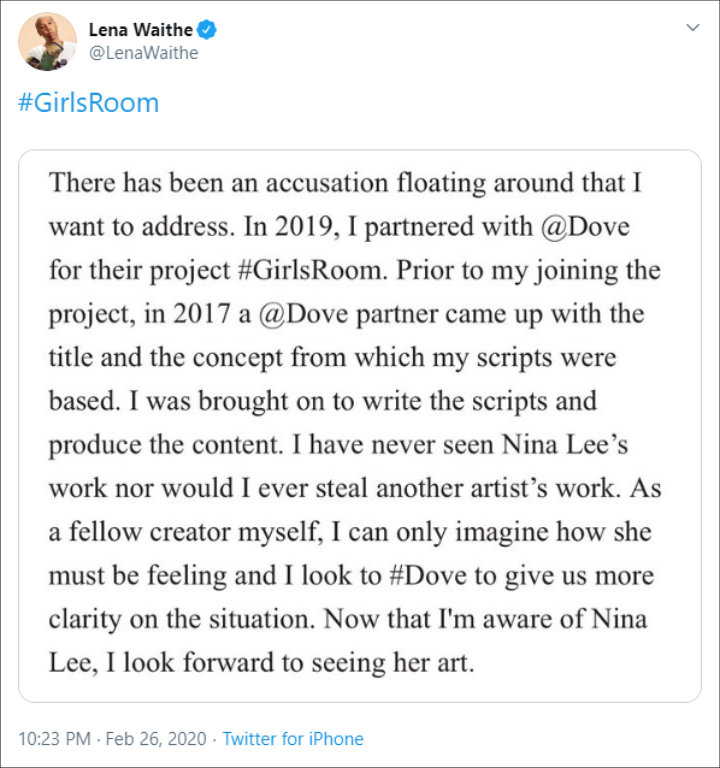 Lena Waithe denies stealing concept