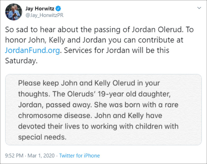 Jay Horwitz Expresses Condolences Over Death of John Olerud's Daughter