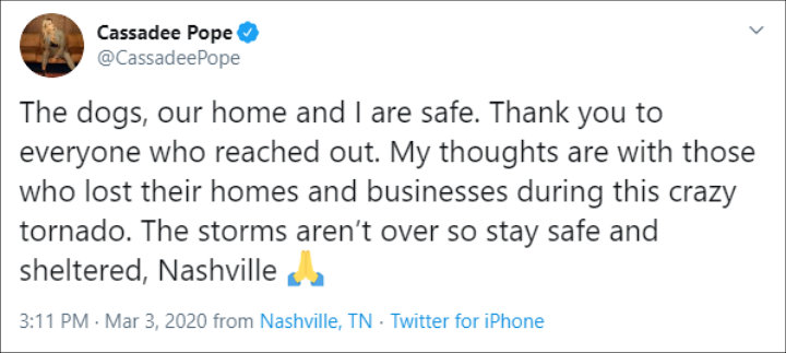 Cassadee Pope prayed for the victim of Nashville tornado