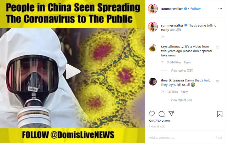 Summer Walker Accused of 'Racist Propaganda' for Sharing Fake News About Coronavirus