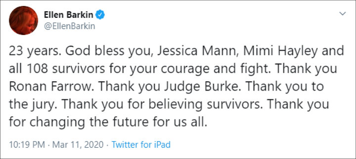 Ellen Barkin Reacts to Harvey Weinstein's 23-Year Prison Sentence