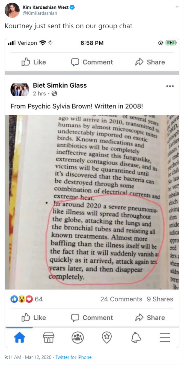 Kim Kardashian Shares Alleged Eerie Prophecy of Coronavirus by Psychic Sylvia Browne