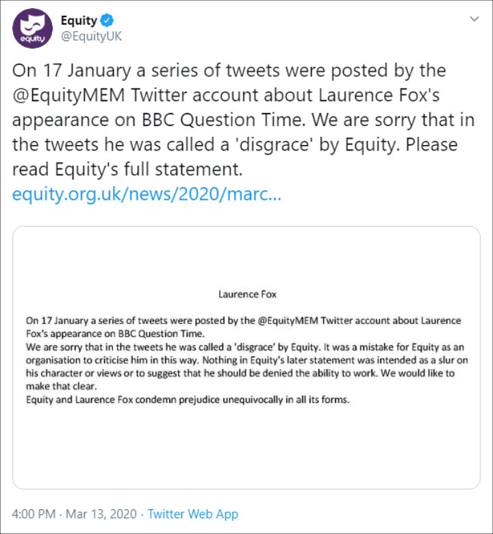 U.K. Acting Union Equity Apologizes for Calling Laurence Fox a 'Disgrace'
