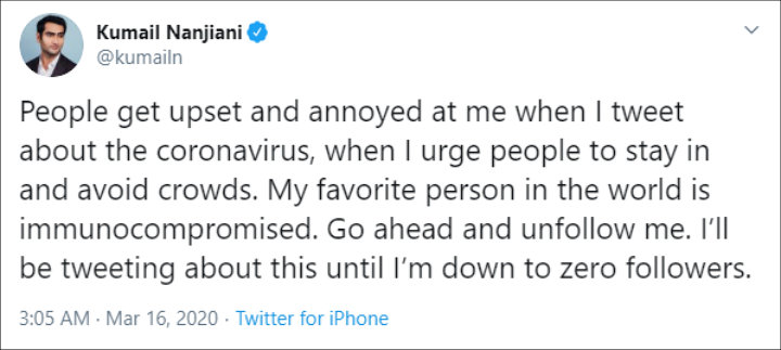Kumail Nanjiani's wife is immunocompromised
