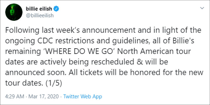 Billie Eilish reschedules tour due to Coronavirus