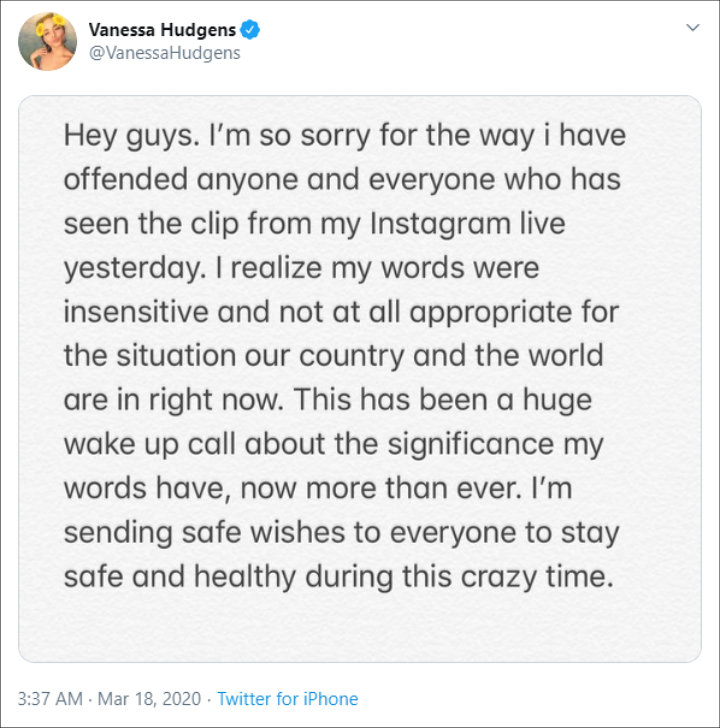 Vanessa Hudgens Apologizes for 'Insensitive' Comments About Coronavirus