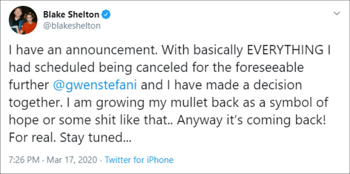 Blake Shelton to Grow Mullet Amid Coronavirus Lockdown