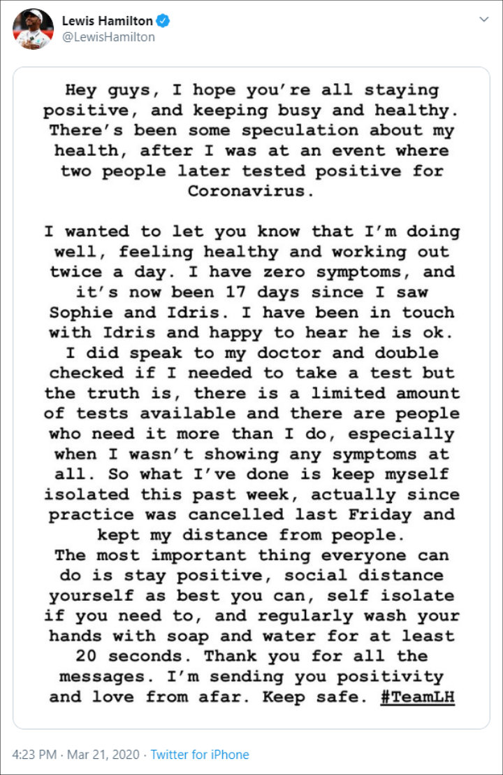 Lewis Hamilton Explains Why He Refuses Coronavirus Test