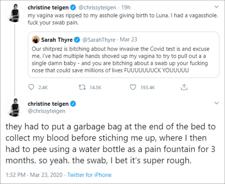 Chrissy Teigen Rips Donald Trump for Complaining About Coronavirus Test