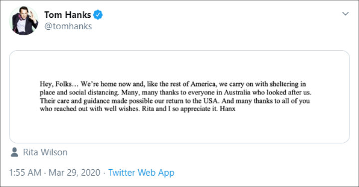 Tom Hanks Social Distancing at Home After Returning From Australia