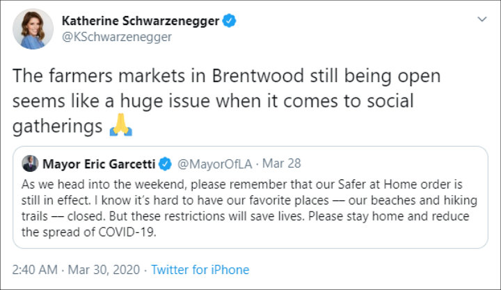 Katherine Schwarzenegger Suggests Closing of Farmer's Market Amid COVID-19 Crisis