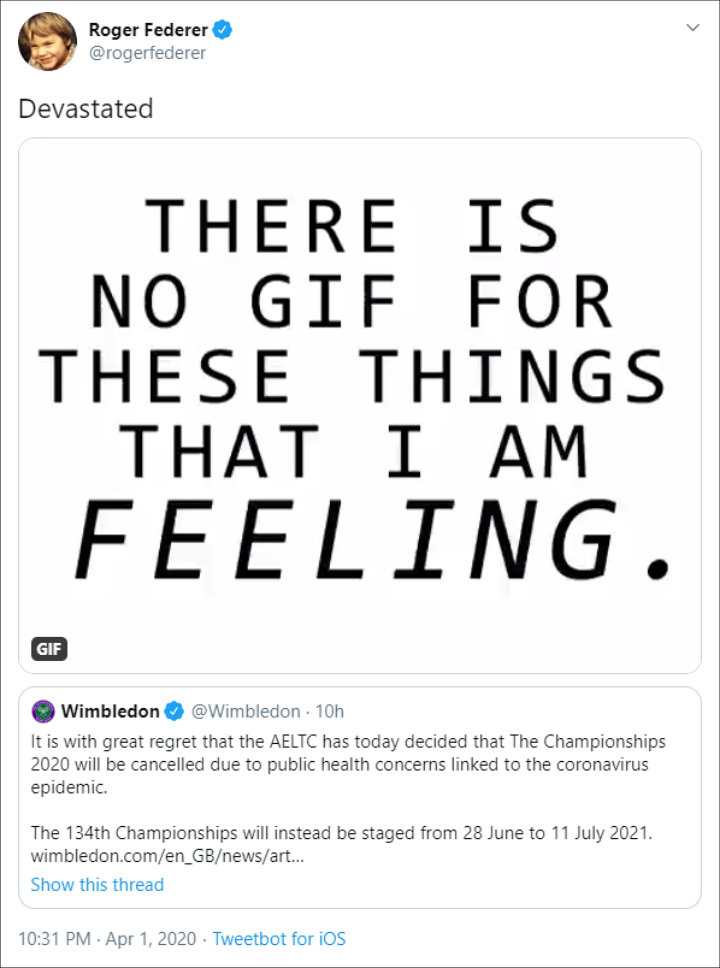 Roger Federer Reacts to Cancellation of 2020 Wimbledon