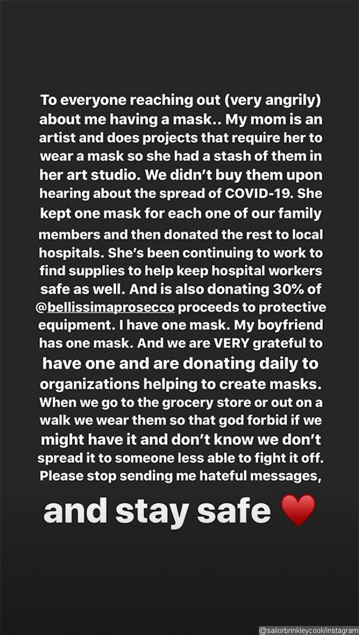 Sailor Brinkley Cook Defends Wearing N95 Face Mask Amid Coronavirus Crisis