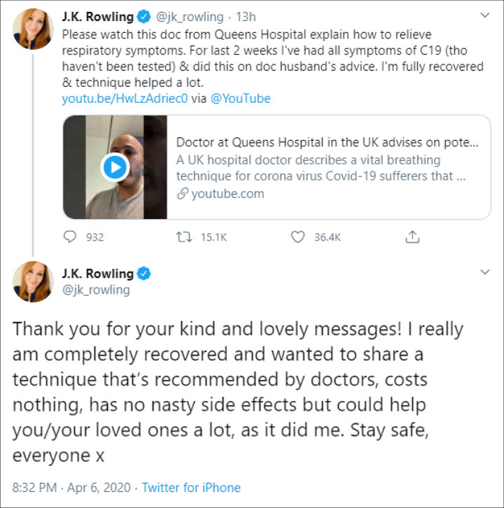 J.K. Rowling is now Coronavirus-free