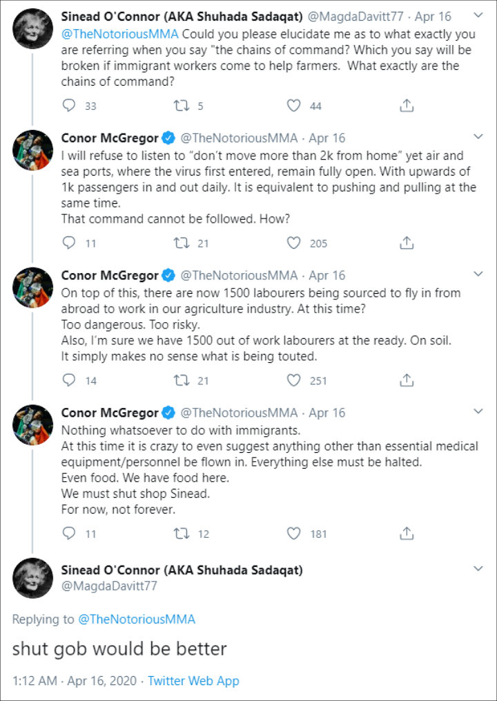 Sinead O'Connor and Conor McGregor Engage in War of Words Over Coronavirus Tweets Sinead O'Connor and Conor McGregor Engage in War of Words Over Coronavirus Tweets