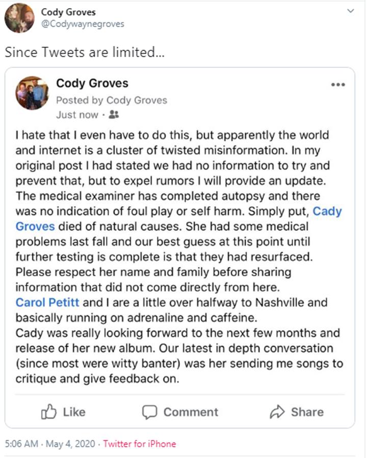 Cady Groves' brother explained the singer's death
