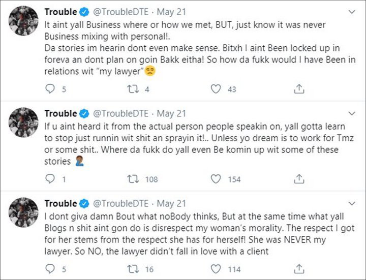 Trouble Lashes Out at Critics of His Romance With Lawyer Girlfriend
