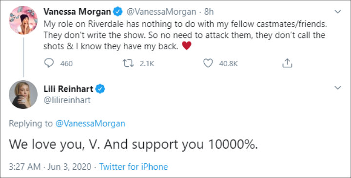 Lili Reinhart supports Vanessa Morgan