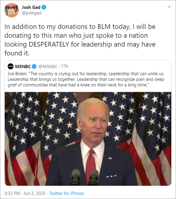 Josh Gad donated to Joe Biden