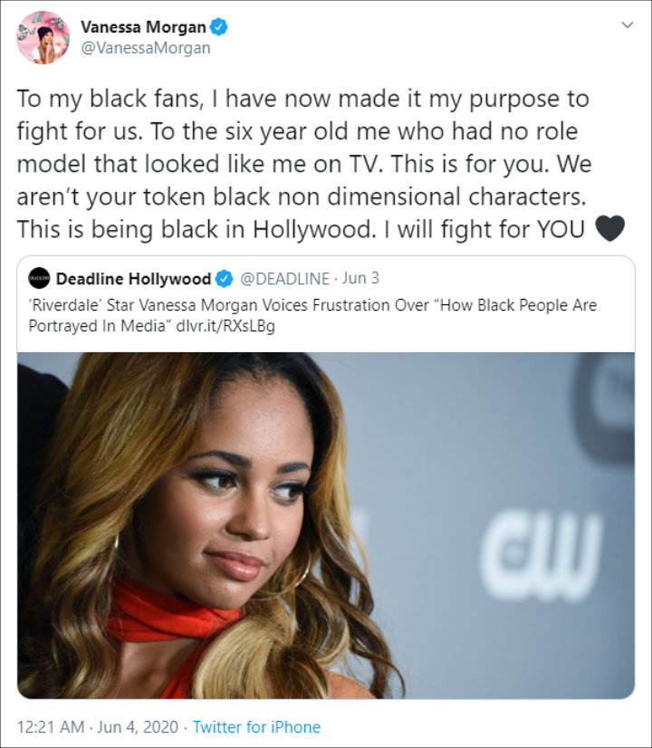 Vanessa Morgan's Twitter Post