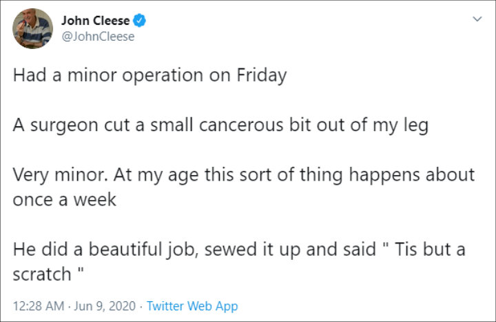 John Cleese Pokes Fun at Surgery to Remove Cancerous Tumor From Leg