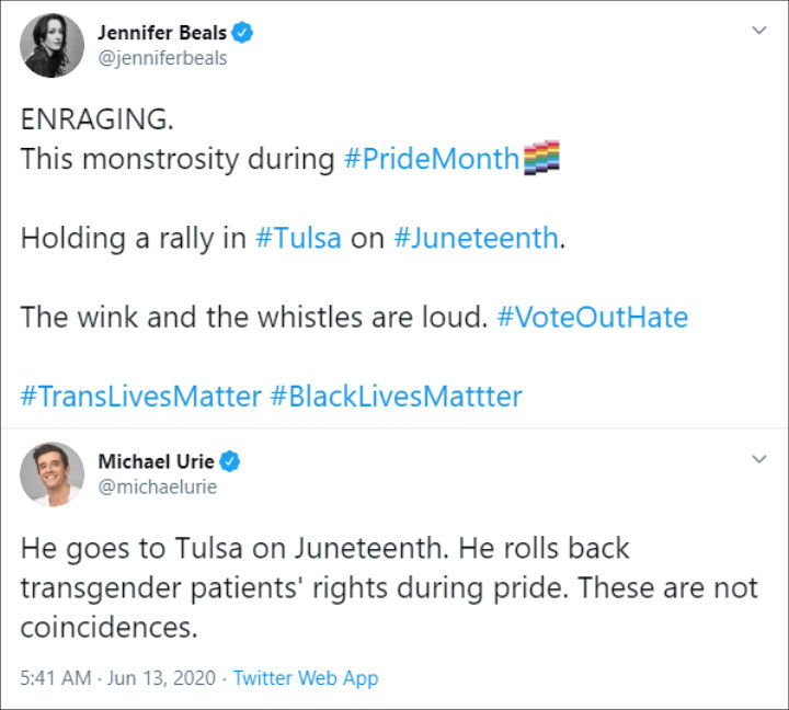 Jennifer Beals and Michael Urie's Twitter Posts