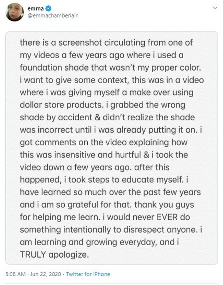 Emma Chamberlain Addresses 'Blackface' Video